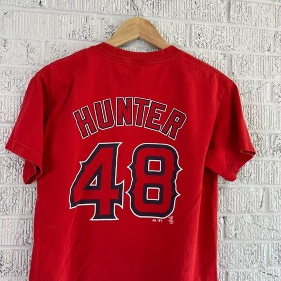 Majestic Anaheim Angels Boy's L Torri Hunter #48 Red Baseball Shirt - Picture 4 of 6